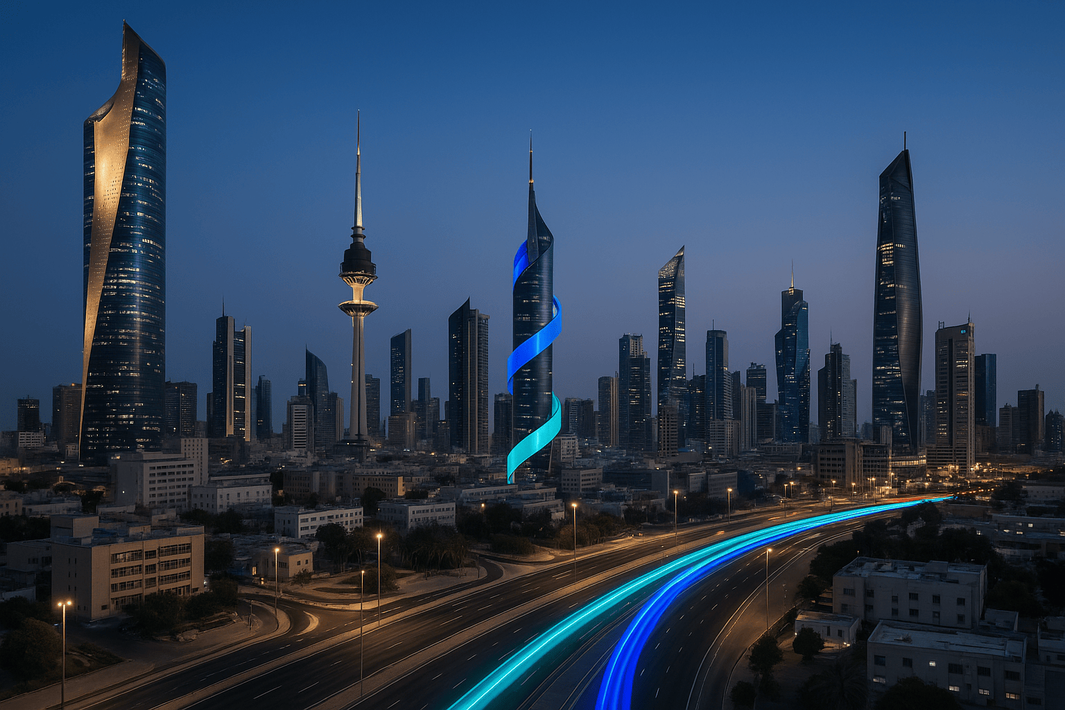 Photorealistic Kuwait City skyline with glowing blue and teal information superhighway symbolizing digital transformation and software innovation