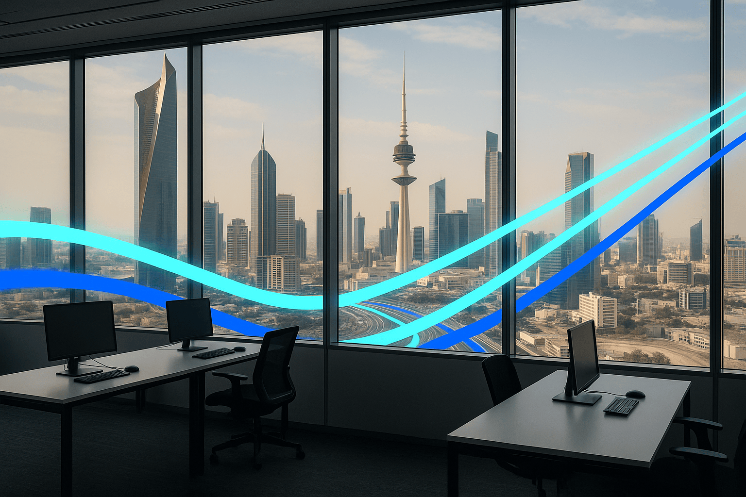 Modern office with Kuwait City skyline and flowing digital ribbons symbolizing the advantages of custom software development