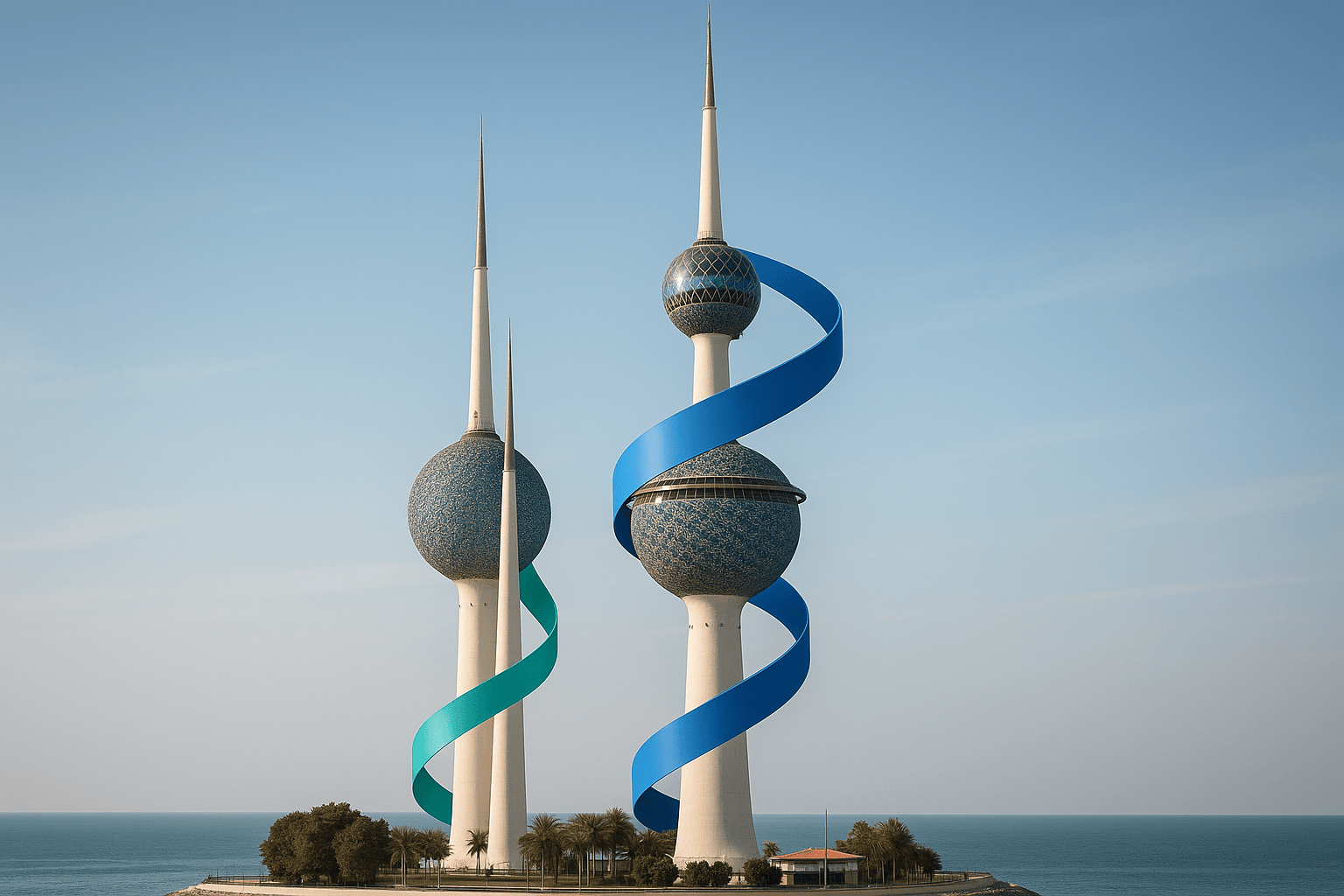 Photorealistic Kuwait Towers with teal and blue ribbons symbolizing innovation and custom software development in Kuwait