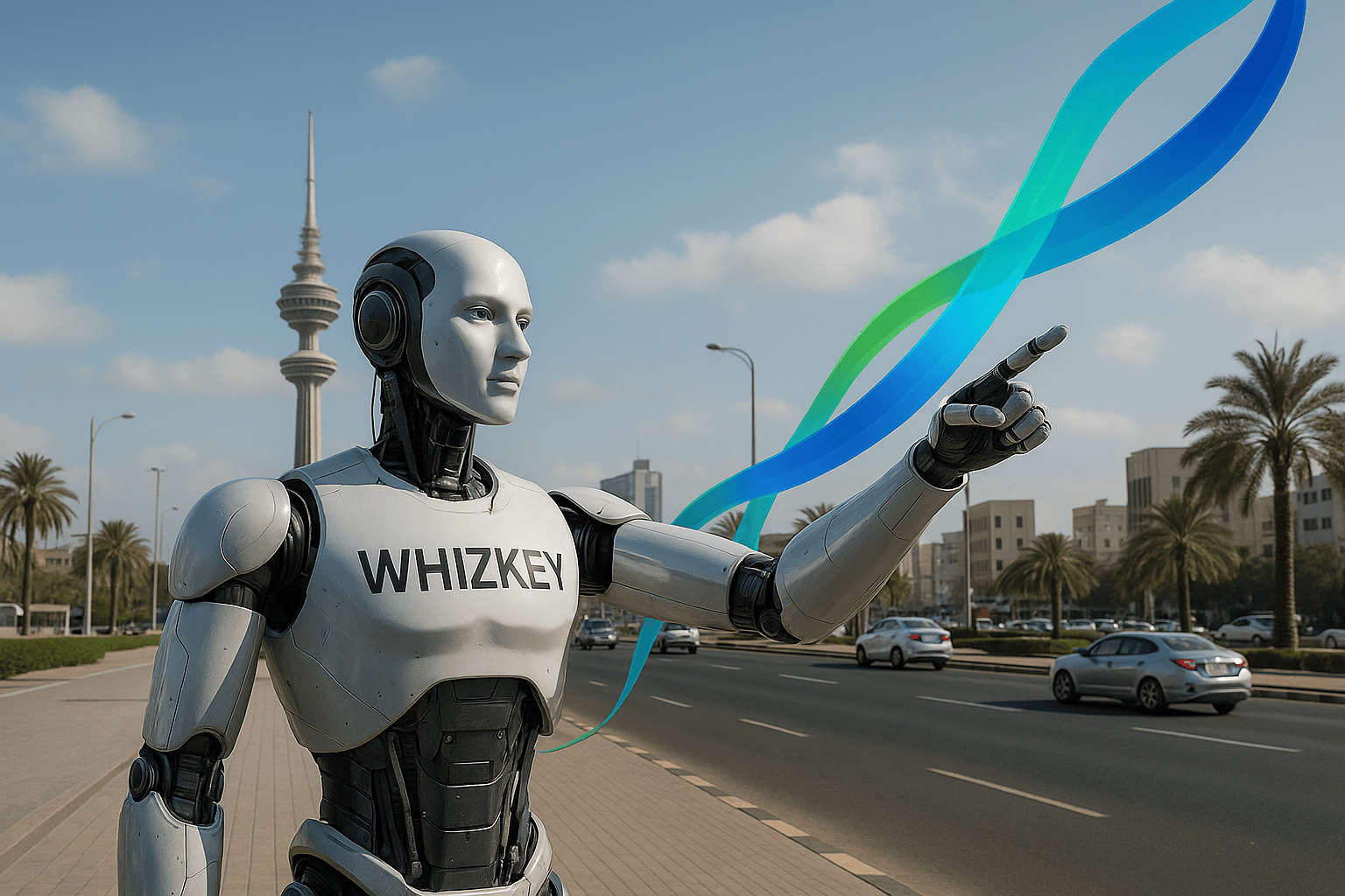 Humanoid AI robot wearing Whizkey branding pointing towards the future with glowing blue and green ribbons in Kuwait City