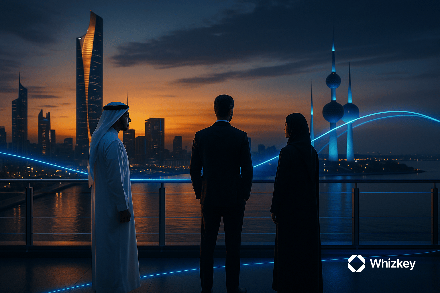 An Arab man in traditional attire, a Western man in a suit, and a woman in abaya standing on a rooftop terrace overlooking Kuwait’s skyline at dusk, with turquoise light arcs reflected in the water symbolizing AI-powered transformation.