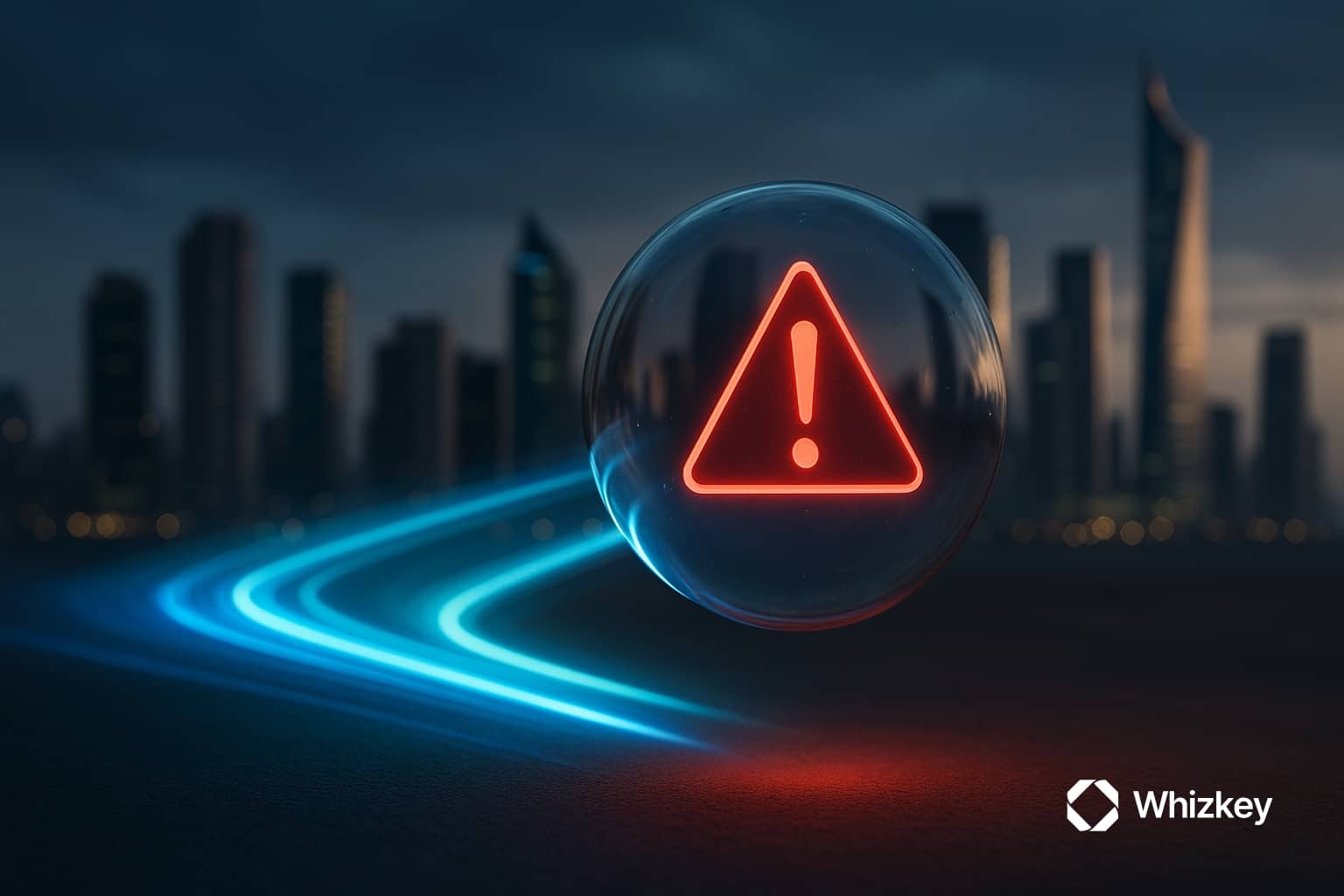 A transparent glass orb levitates in front of a Kuwaiti city skyline, glowing with a red warning triangle and exclamation mark, while subtle blue and turquoise light trails flow around it, symbolizing risks in adopting Agentic AI. 
