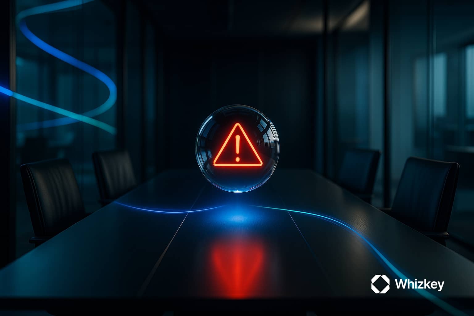 Transparent levitating orb containing a glowing red triangle with an exclamation mark, hovering above a glass office table with subtle blue and turquoise light trails.