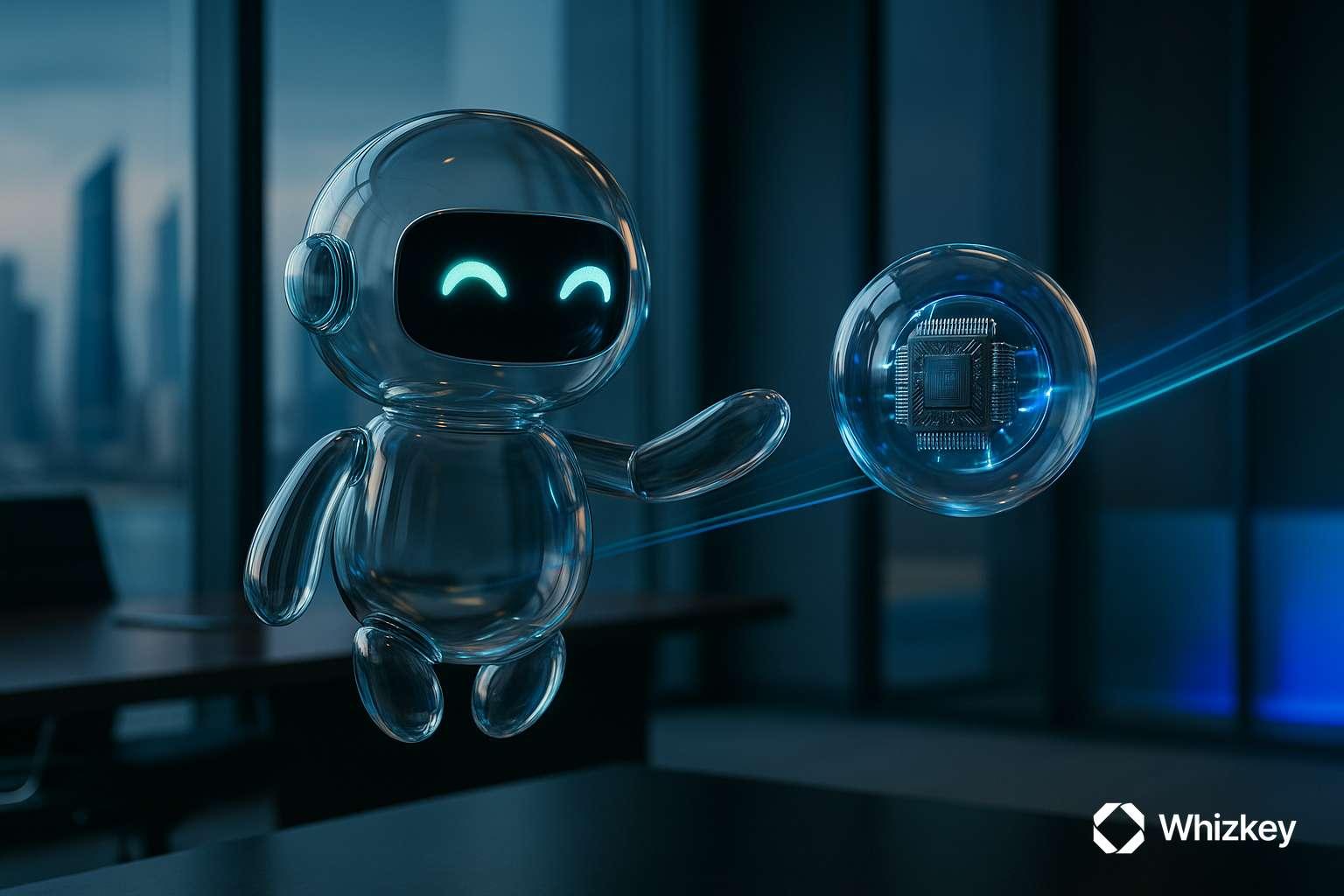 Glass chatbot interacting with glowing AI orb in office, symbolizing Kuwait’s energy and logistics future