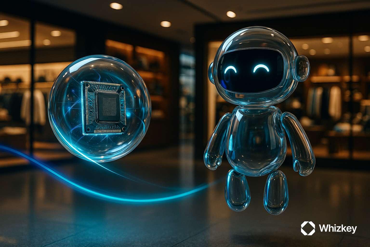 Photorealistic glass chatbot and AI orb with microprocessor in a Kuwait retail store, glowing with deep blue and turquoise accents