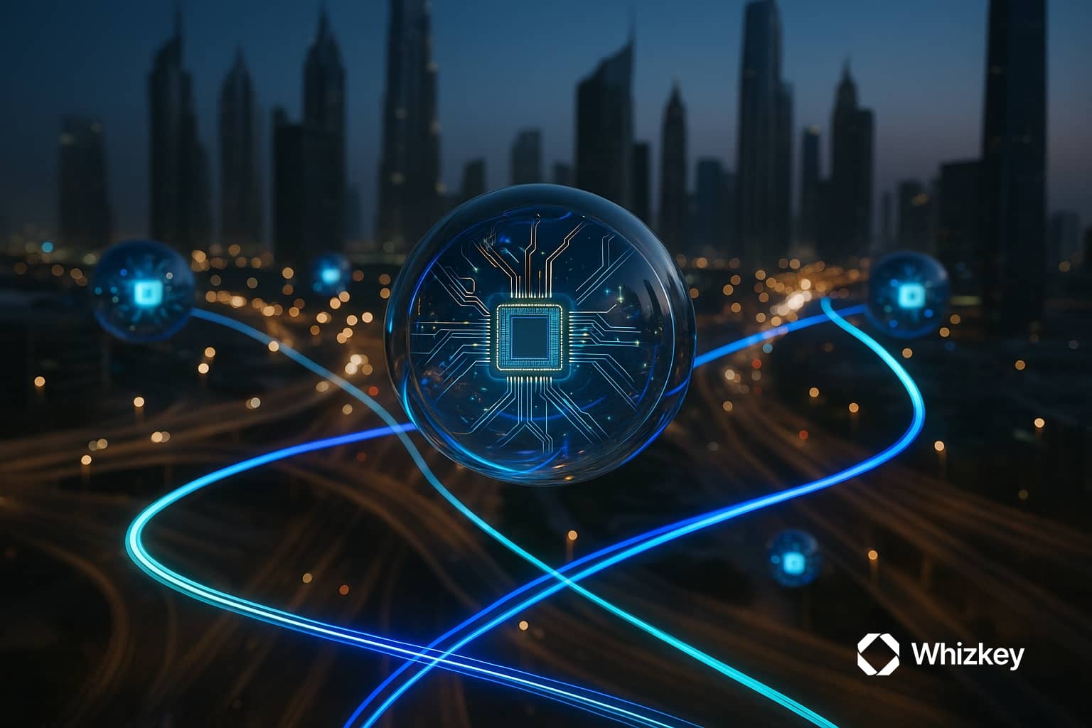 Transparent glowing orbs with circuitry hovering above a city, connected by blue and turquoise light trails traversing the roads, symbolizing collaborative AI agents.