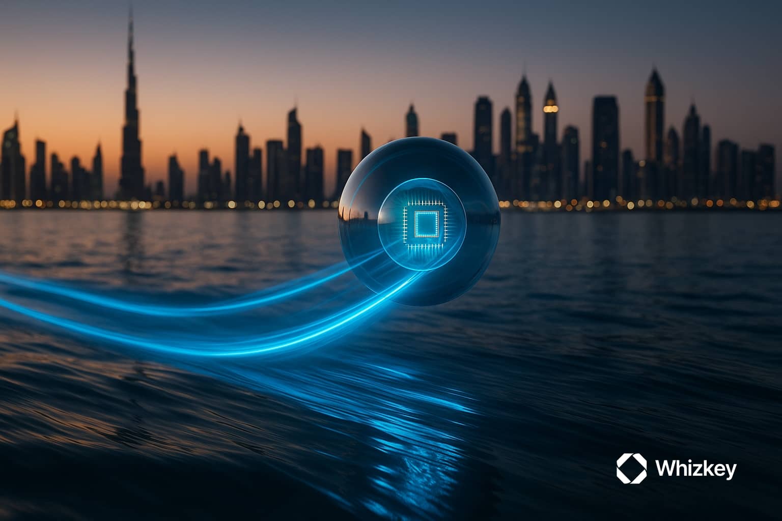 Transparent orb with a microprocessor racing across water, leaving luminous blue and turquoise light trails reflected on the surface, with a city skyline in the background.