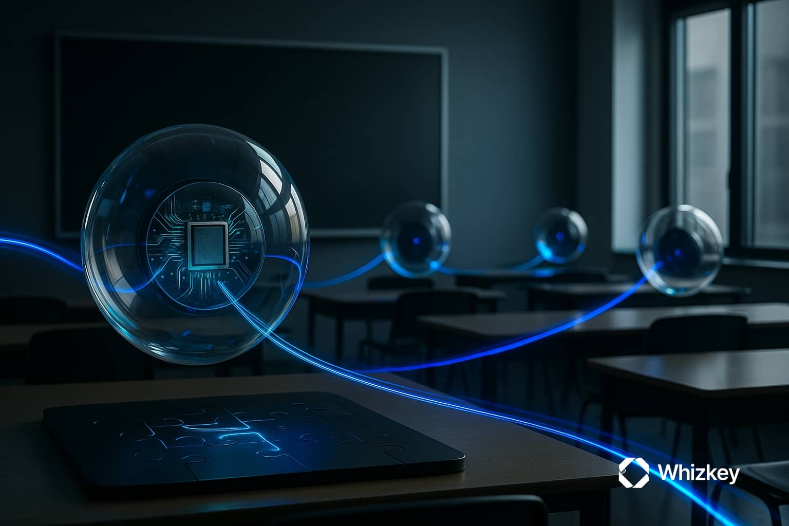 Futuristic classroom with a large glowing glass orb acting as the teacher, connected by blue and turquoise light beams to smaller student orbs, symbolizing context-aware learning in Agentic AI.