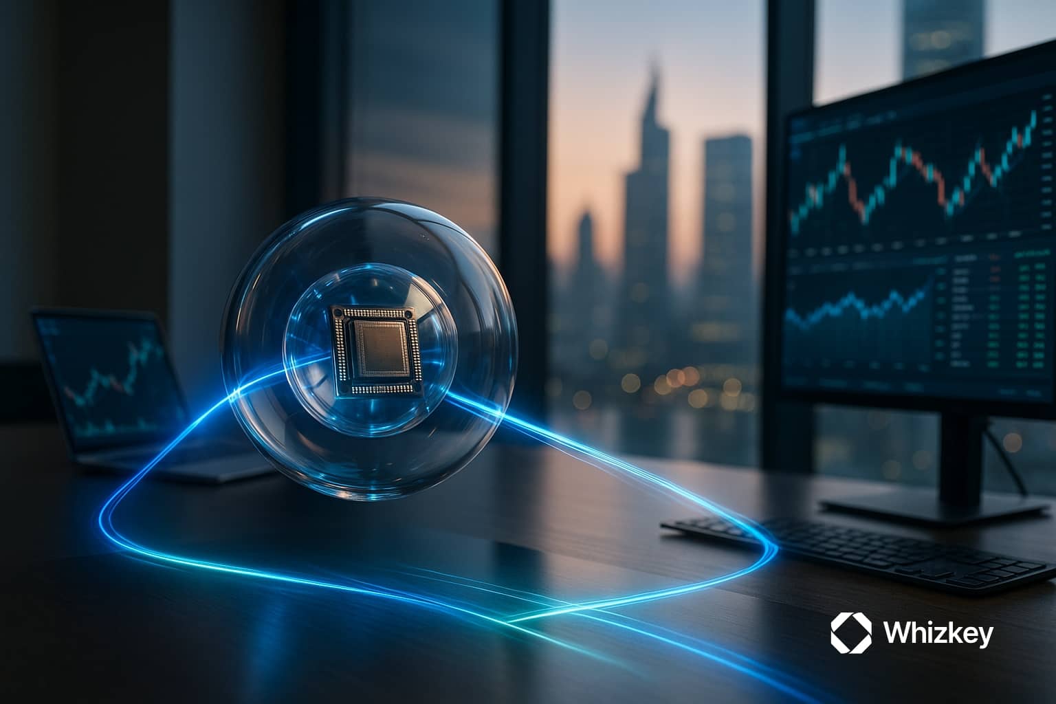 Transparent levitating orb with a sharp microprocessor inside, connected by blue and turquoise light beams to financial monitors and laptops in a modern office with a city skyline.