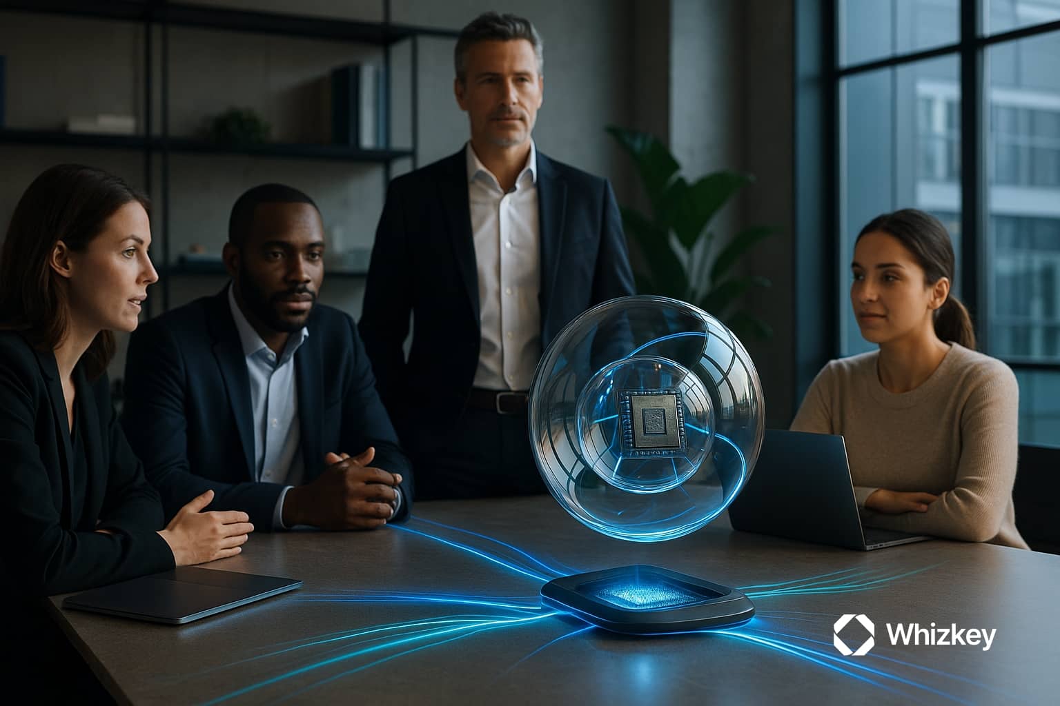 Customers in formal attire seated around a polished table with a levitating orb containing a microprocessor, connected by subtle blue and turquoise light beams in a modern office.