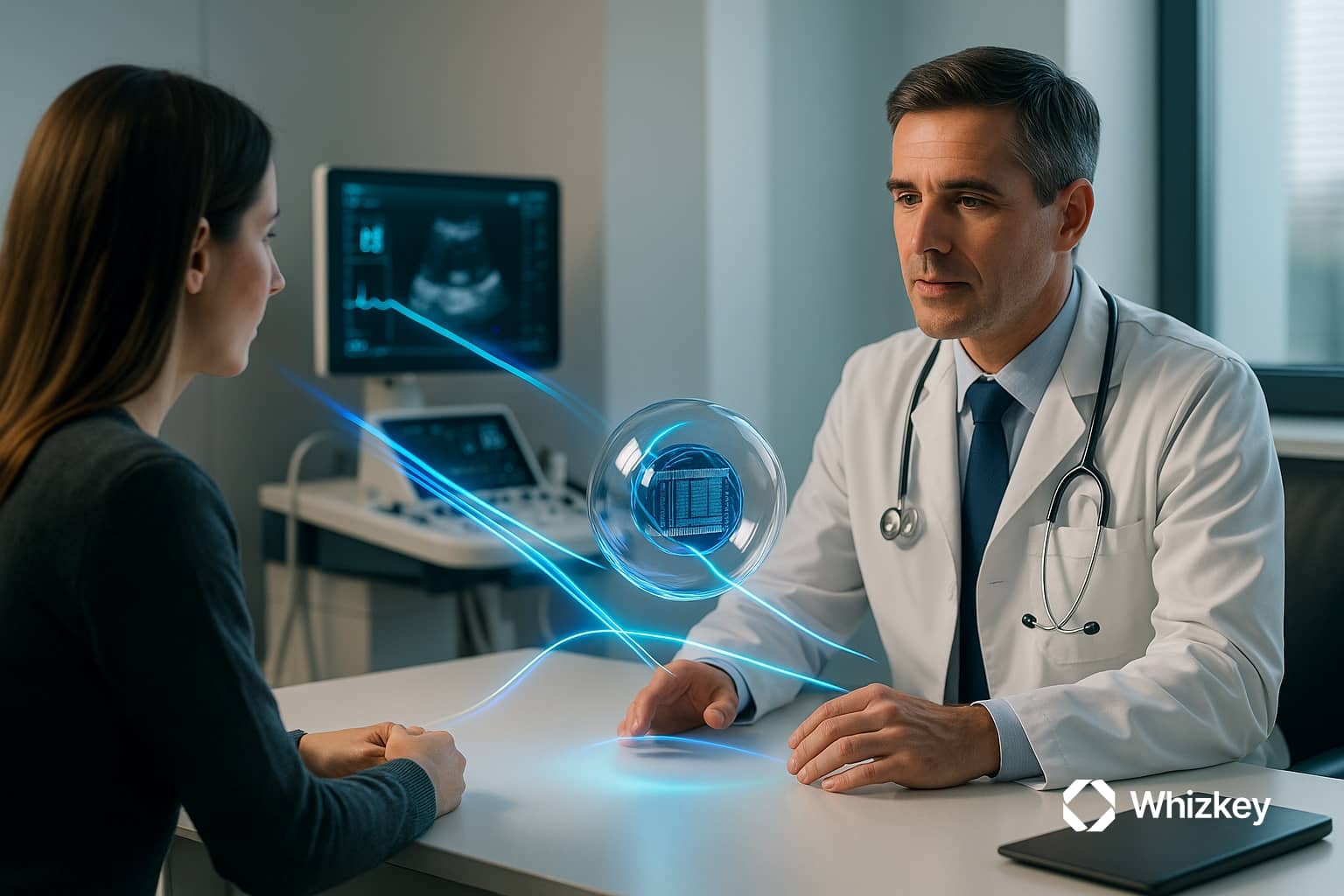 A doctor consulting with a patient in a modern medical office, assisted by a glowing glass orb with circuitry connected through blue and turquoise light beams, symbolizing Agentic AI in healthcare.
