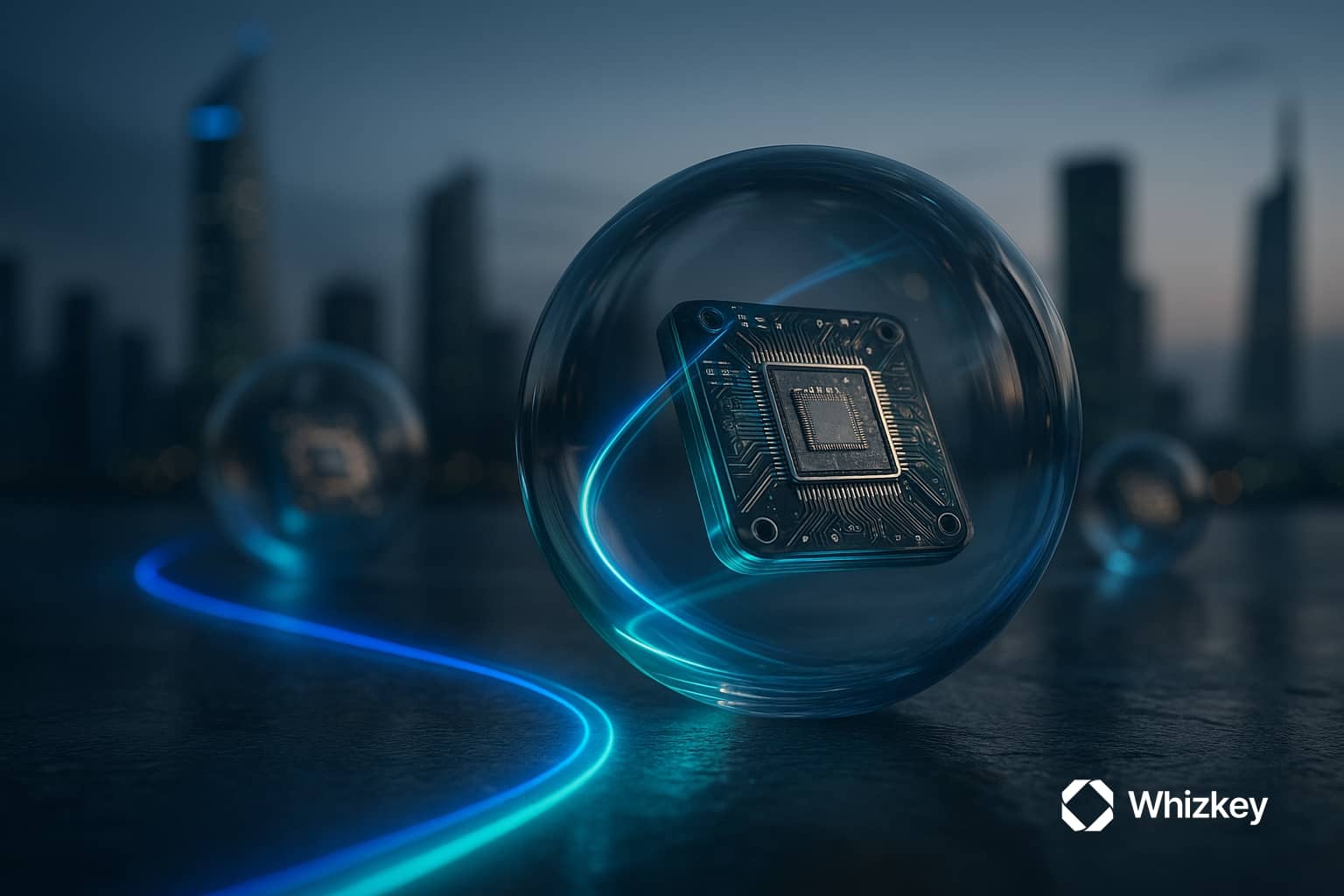Photorealistic glass orb containing a detailed microprocessor with glowing deep blue and turquoise light streams, set against Kuwait’s futuristic cityscape, symbolizing Agentic AI and digital transformation.