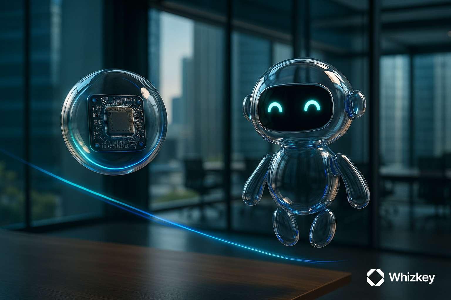 Glass AI chatbot and floating processor orb in modern Kuwaiti office
