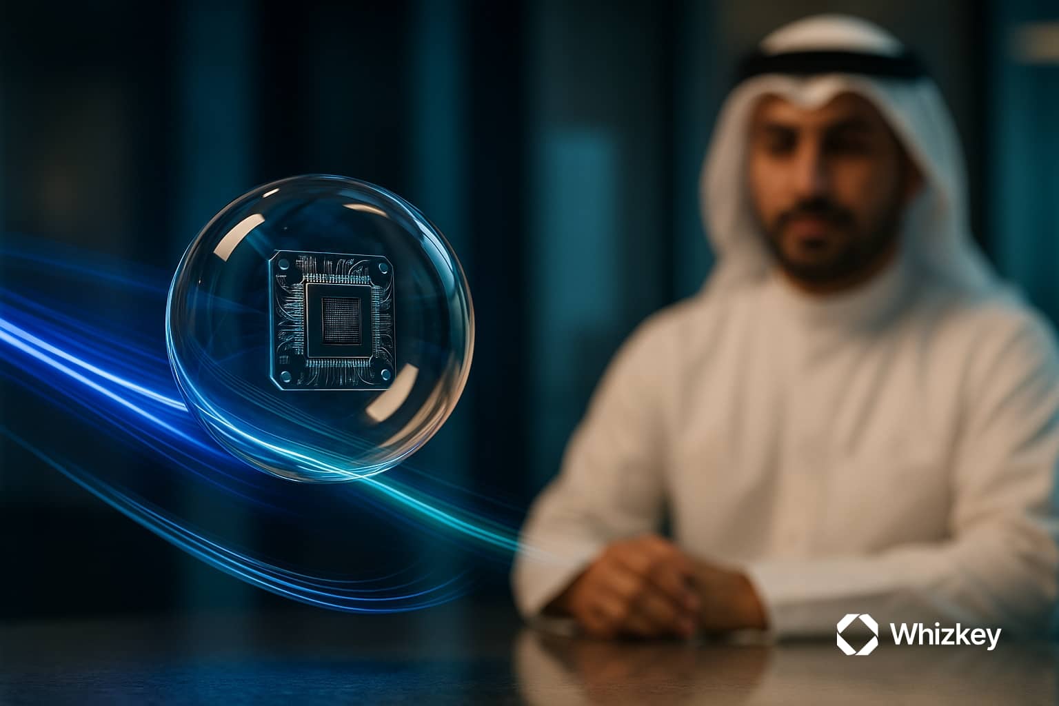 A Kuwaiti man in traditional attire sits calmly blurred in the background, observing a levitating glass orb with a microprocessor inside, glowing with Whizkey’s blue and turquoise energy trails in a financial setting. 