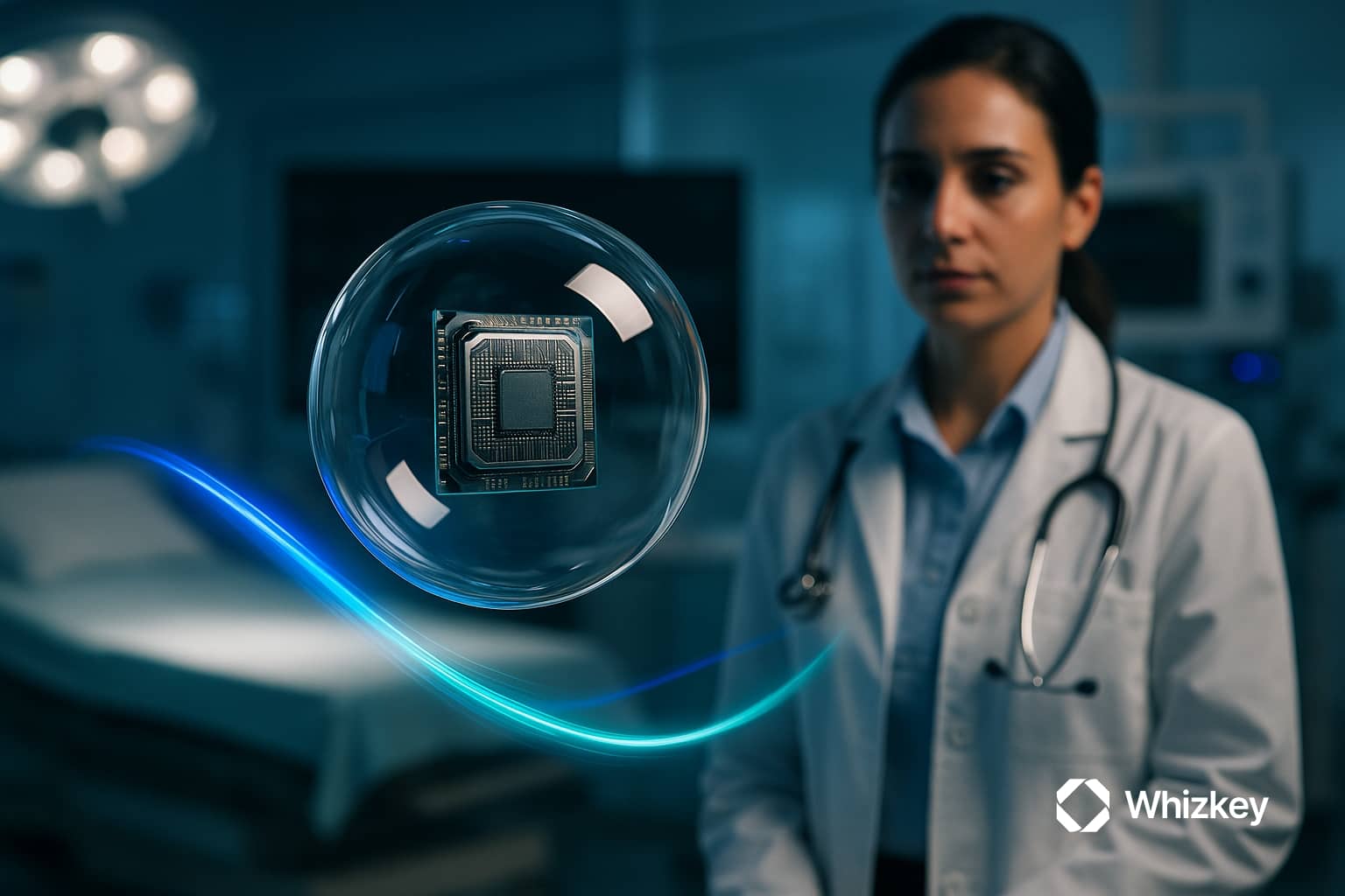 A doctor in a modern Kuwaiti hospital observes a levitating glass orb with a microprocessor inside, emitting blue and turquoise light trails that symbolize Agentic AI in healthcare. 