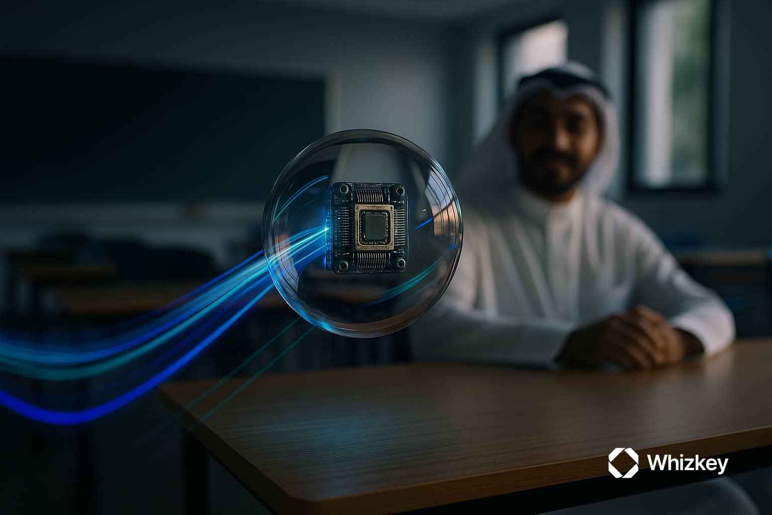 A photorealistic glass orb with a microprocessor levitates above a desk, emitting blue and turquoise light trails, while a Kuwaiti man in national attire sits blurred in the background, symbolizing alignment with Kuwait Vision 2035. 