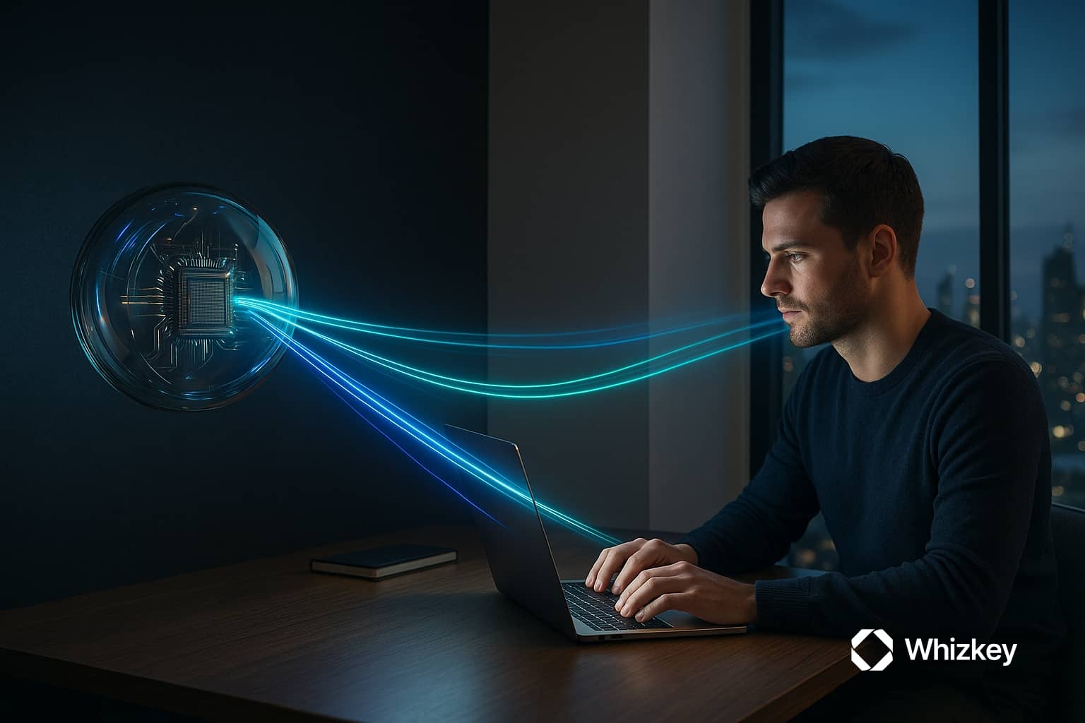 Transparent glowing orb with circuitry connected by blue and turquoise light beams to a person in a lit office using a computer, symbolizing seamless human-AI interaction.