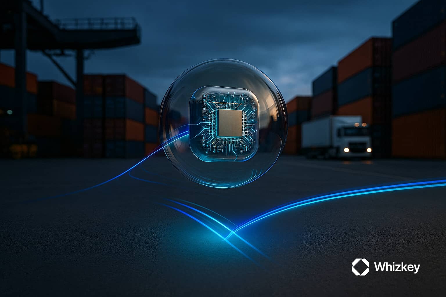 Transparent levitating orb with a glowing microprocessor, emitting blue and turquoise beams across a solid road in a container yard with trucks and cranes at dusk.