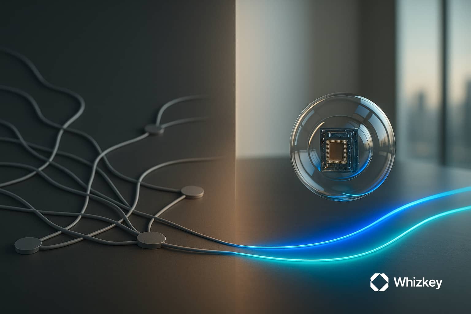 A split-scene image with dull tangled gray pathways on the left representing Traditional AI, and a glowing glass orb with smooth blue and turquoise light beams on the right symbolizing Agentic AI.