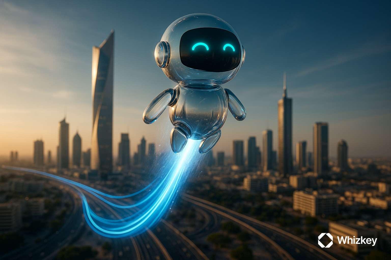 AI chatbot racing upward over Kuwait skyline driving telecom growth
