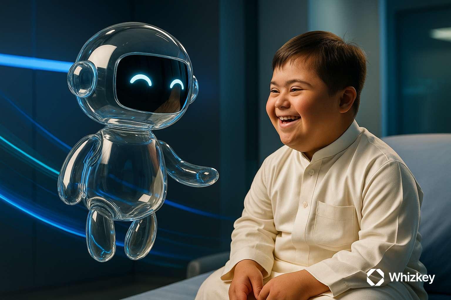 AI healthcare chatbot engaging happily with Kuwaiti child with Down syndrome in hospital setting