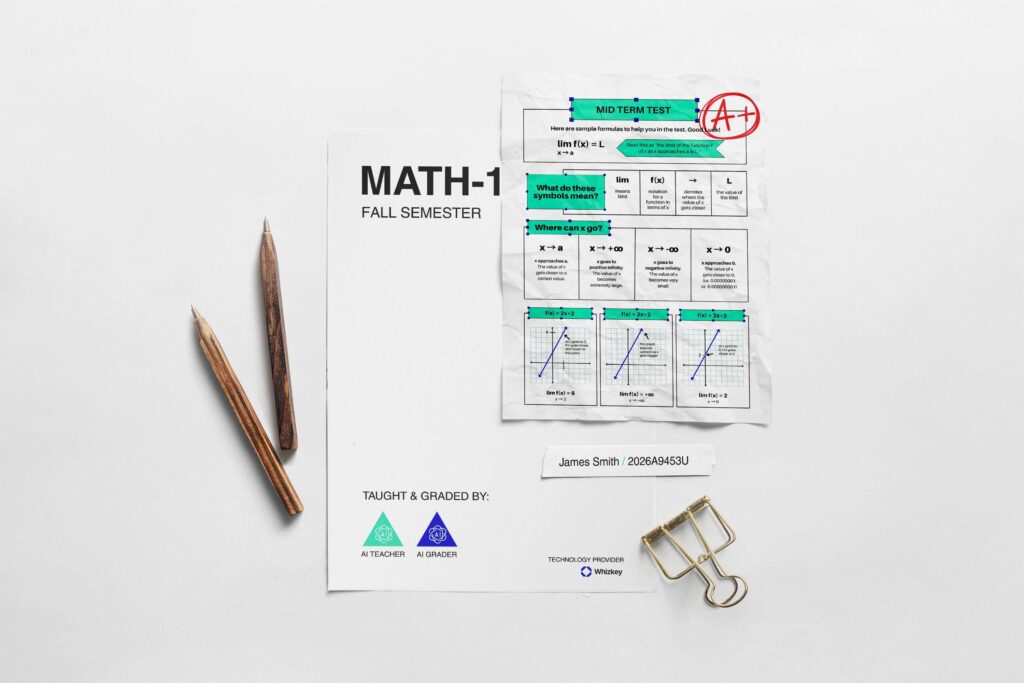 Math test graded by AI chatbot showing A+ with Whizkey as technology provider in Kuwait education