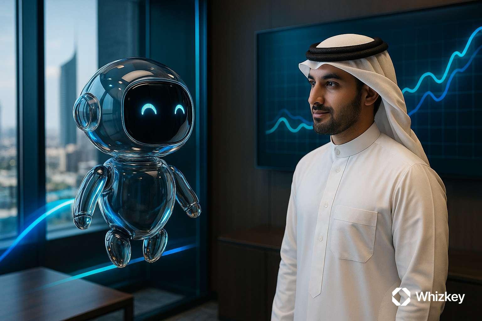 AI chatbot showing predictive ESG compliance insights to a Kuwaiti employee in an office