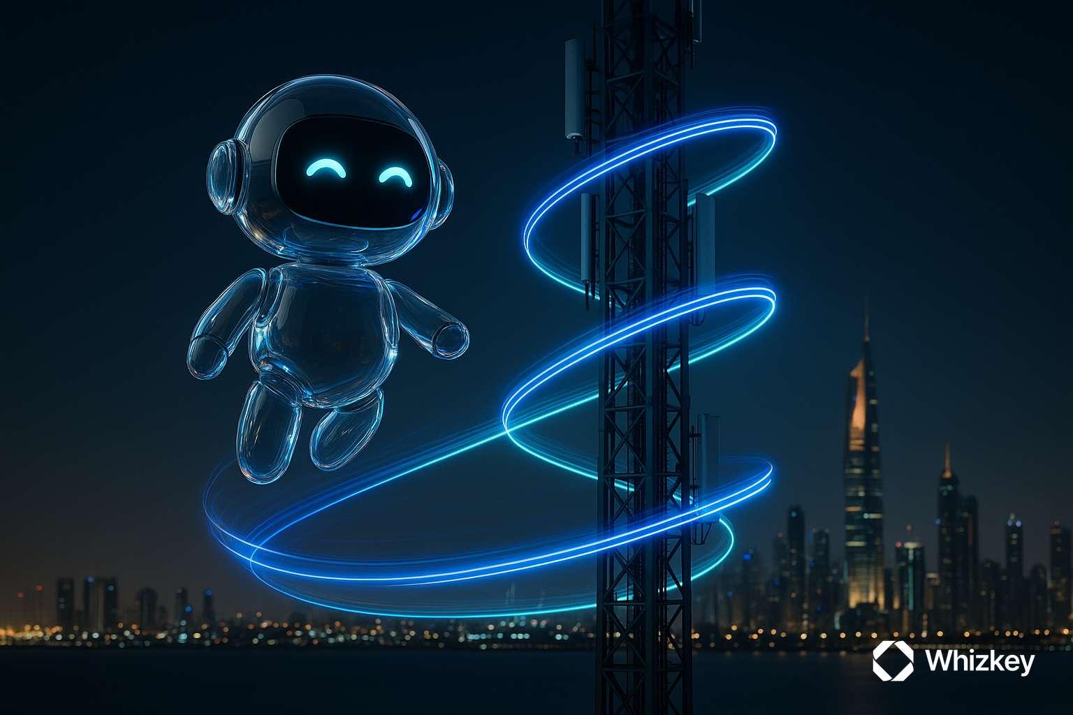 AI chatbot spiraling around telecom tower in Kuwait symbolizing enhanced governance