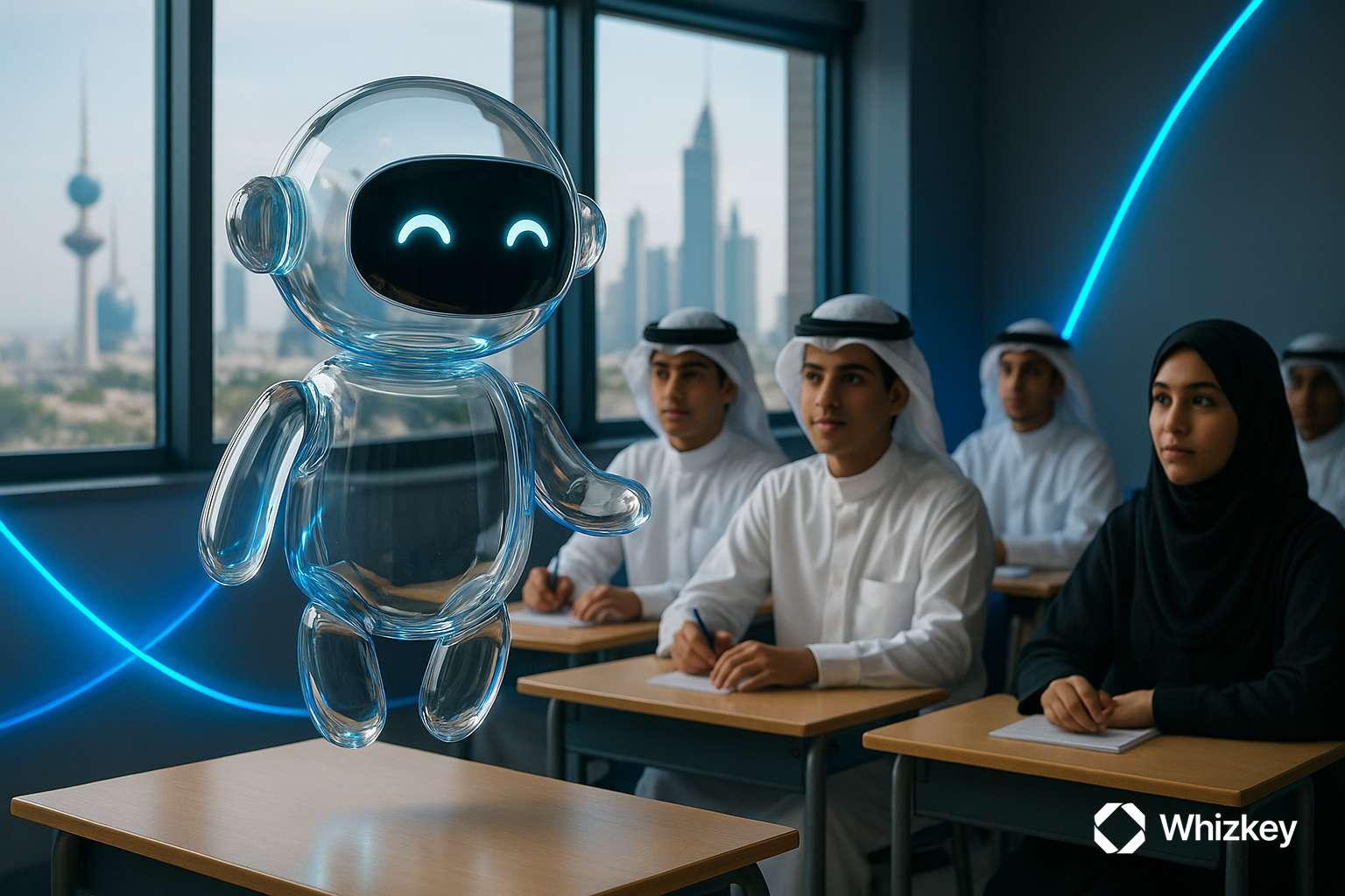 Glass chatbot teaching Kuwaiti students in traditional attire with skyline view