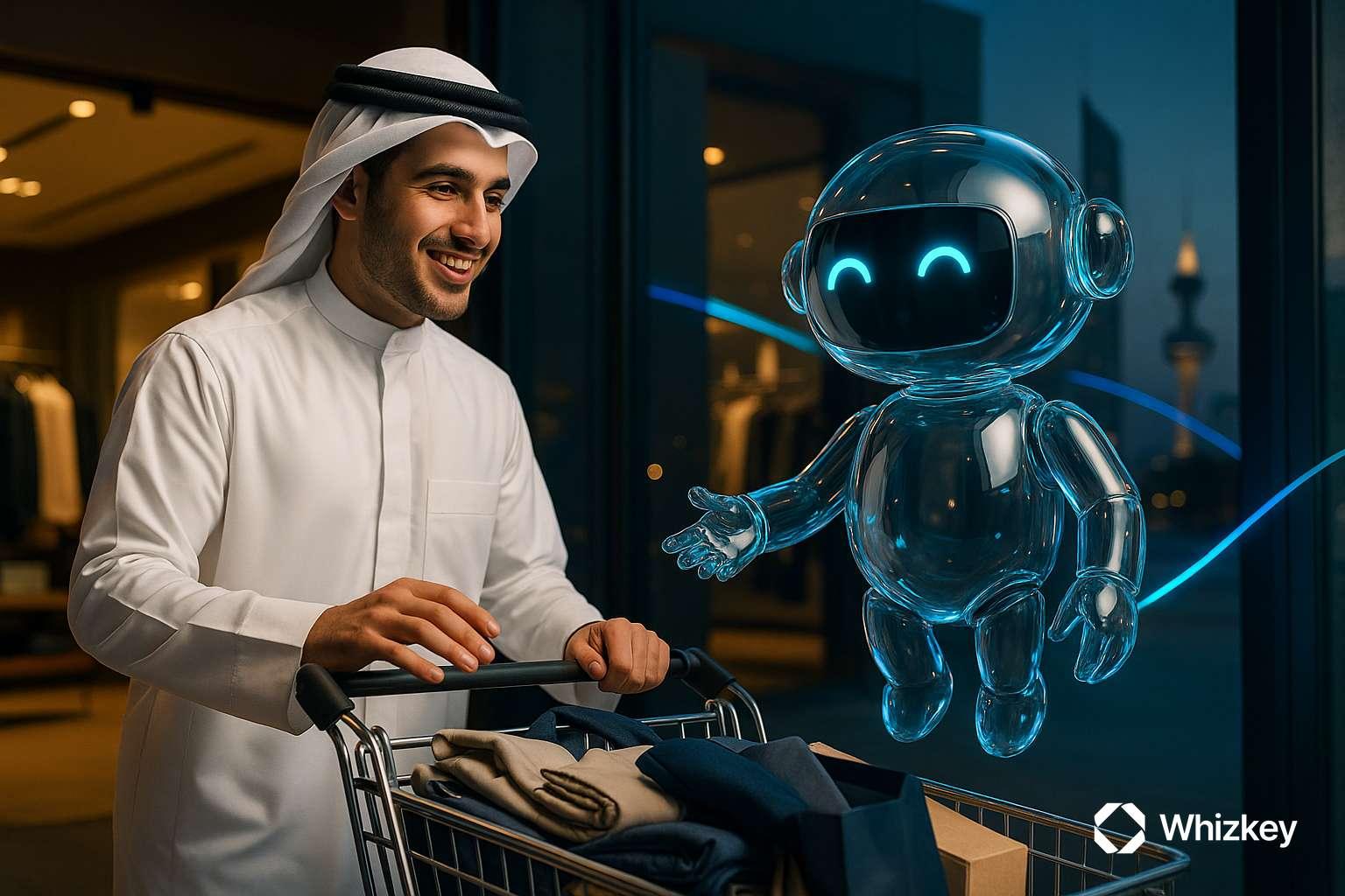 Glass AI chatbot assisting Kuwaiti man in national dress with overloaded shopping cart in retail store