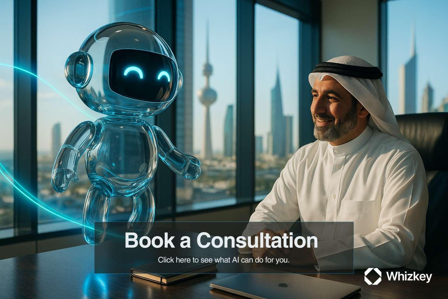 Glass AI chatbot interacting with Kuwaiti executive in modern office during morning with skyline view