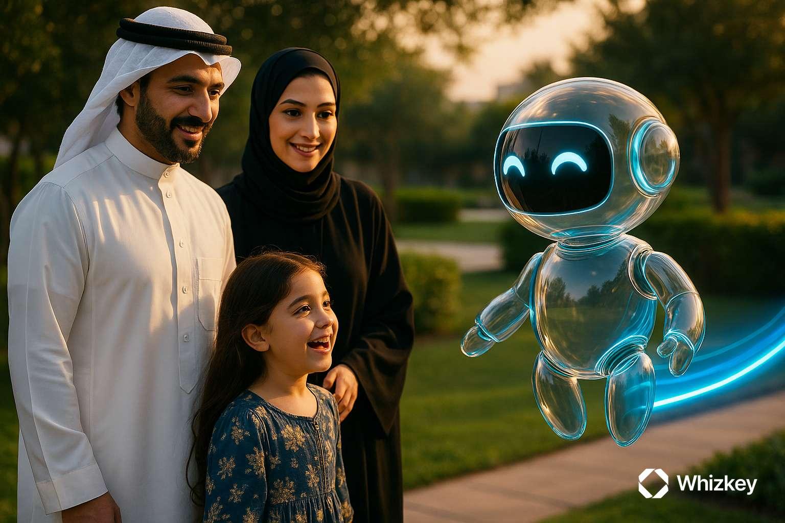 AI chatbot engaging with a Kuwaiti family to promote ESG, sustainability, and energy efficiency initiatives
