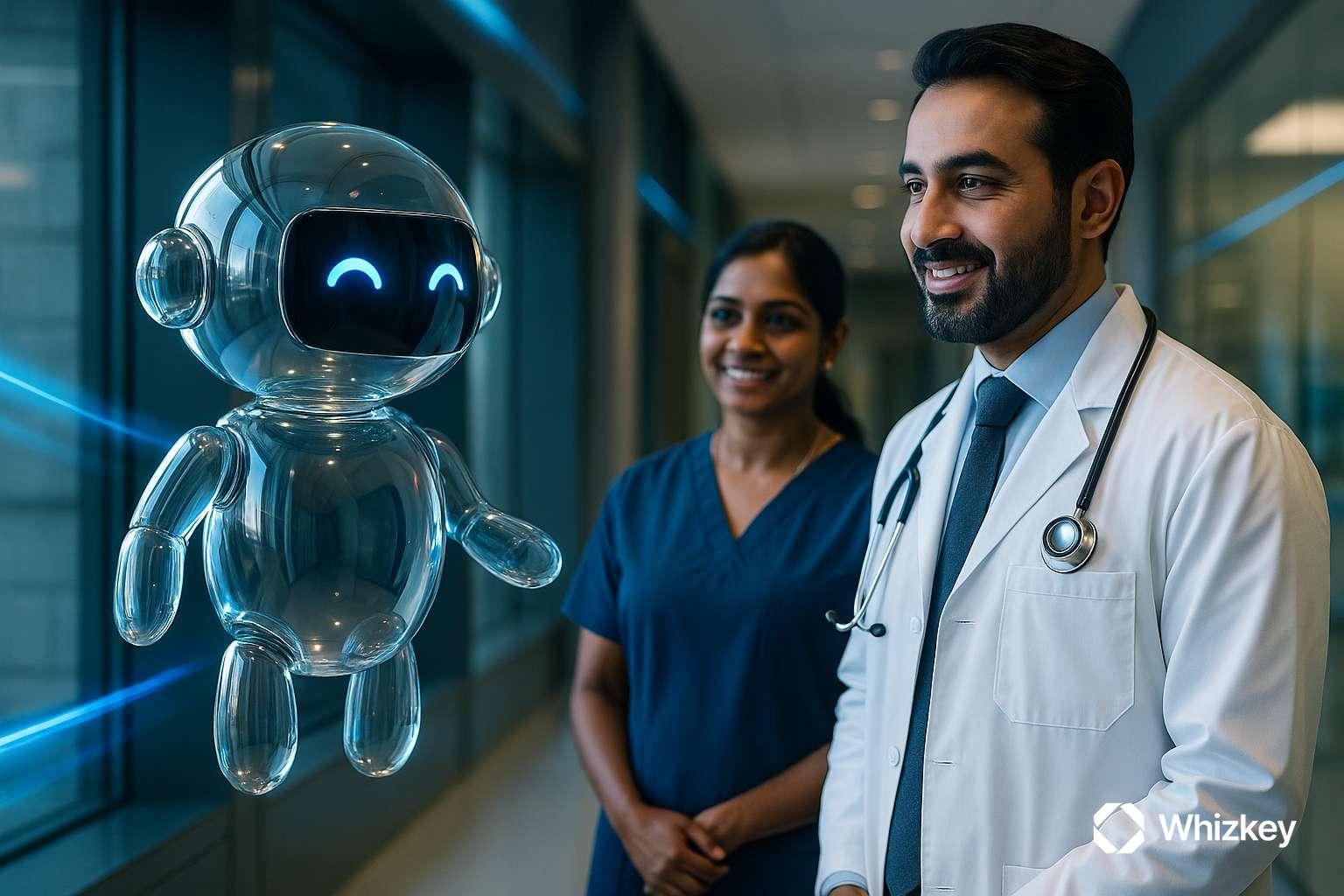 AI healthcare chatbot interacting with Arab doctor and Indian nurse in modern Kuwaiti hospital corridor