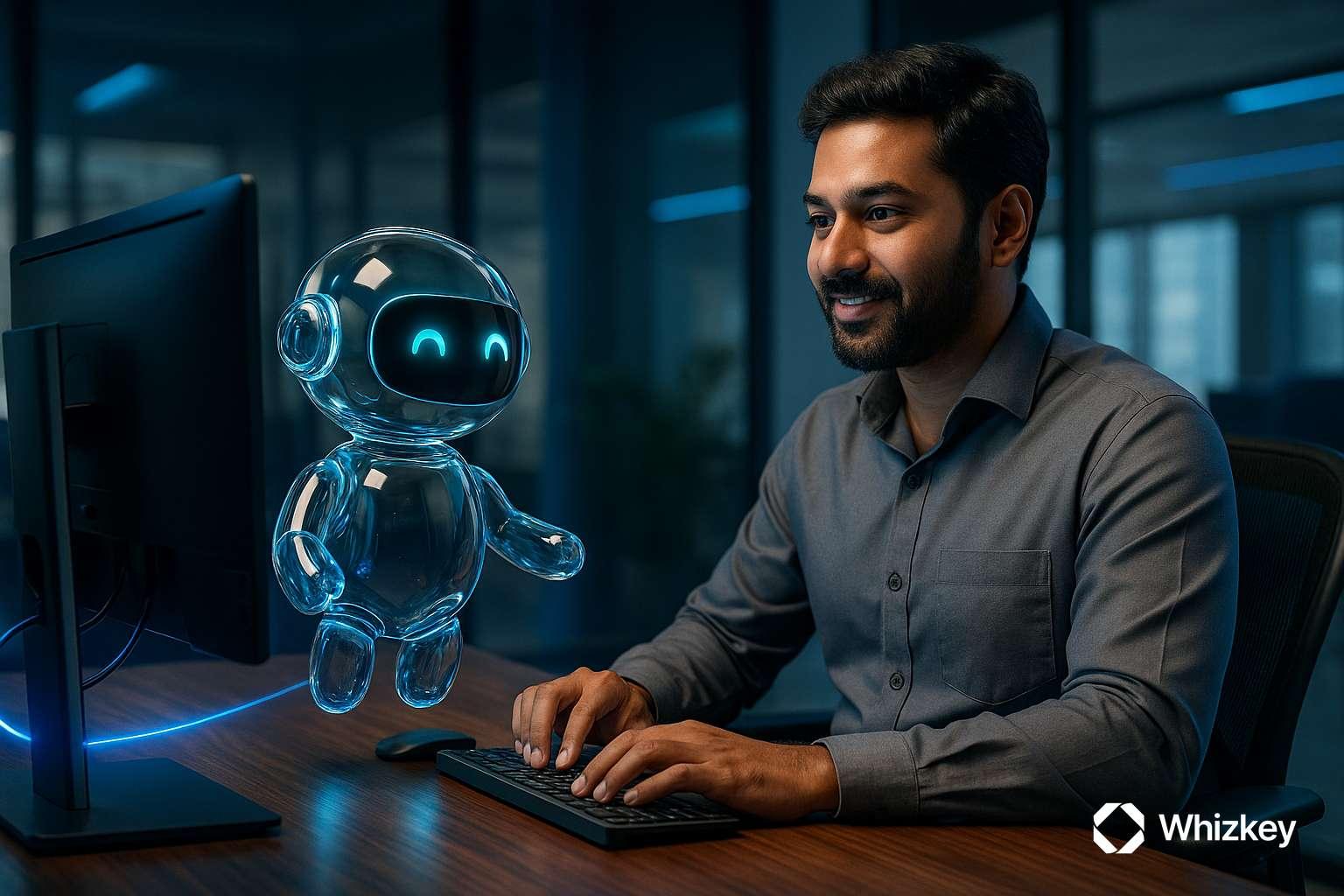 Glass AI chatbot assisting South Indian IT employee at computer in Kuwait office
