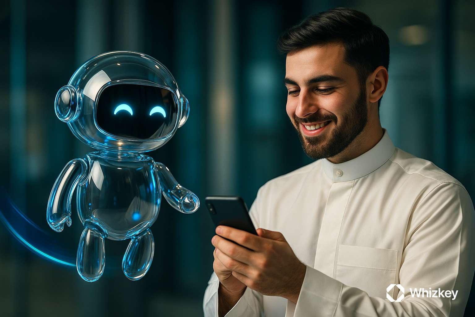 Glass AI chatbot assisting young Kuwaiti man in national dress tracking delivery on phone