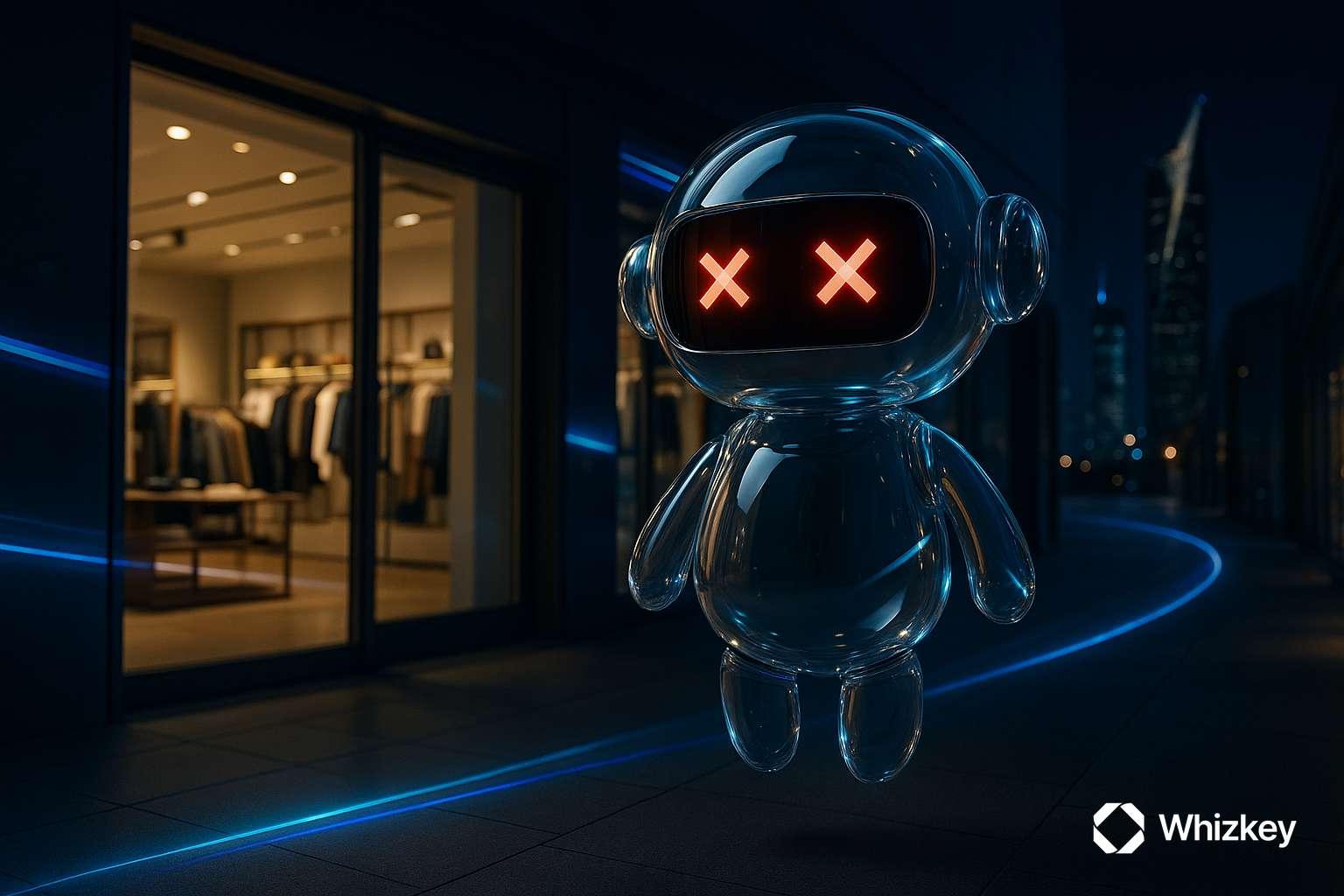 Glass AI chatbot with red cross eyes levitating outside open Kuwait retail store at night with skyline view