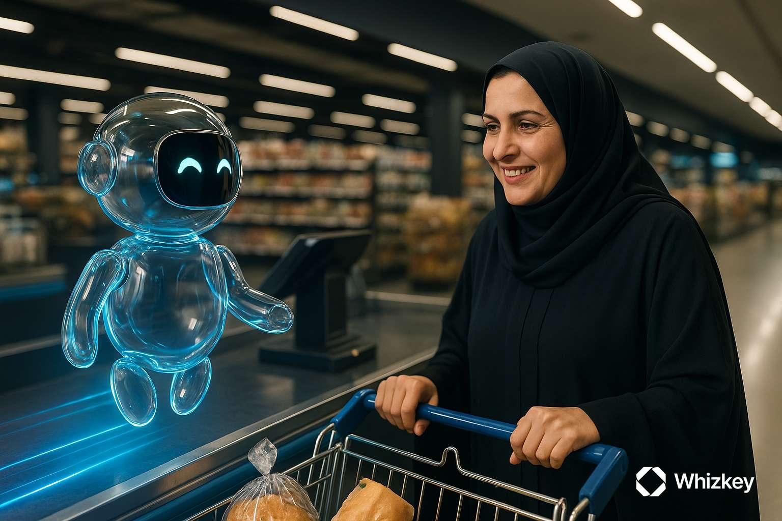 Glass AI chatbot assisting Kuwaiti woman in abaya at grocery checkout without manual scanning
