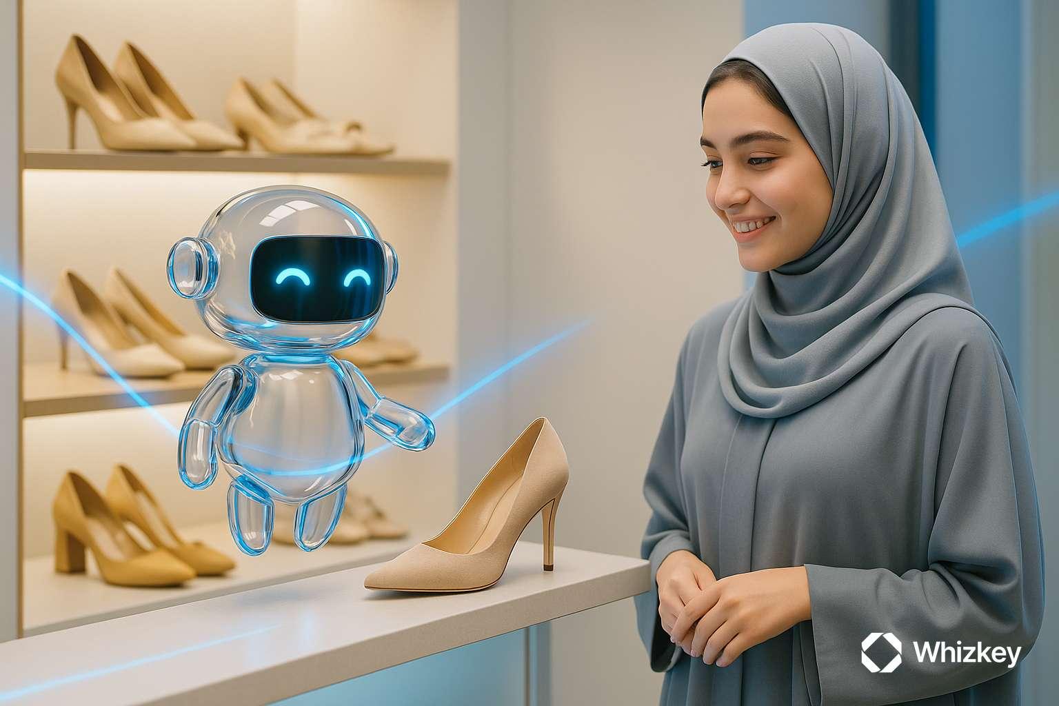 Glass AI chatbot recommending shoes to young Kuwaiti woman in gray abaya with positive expression