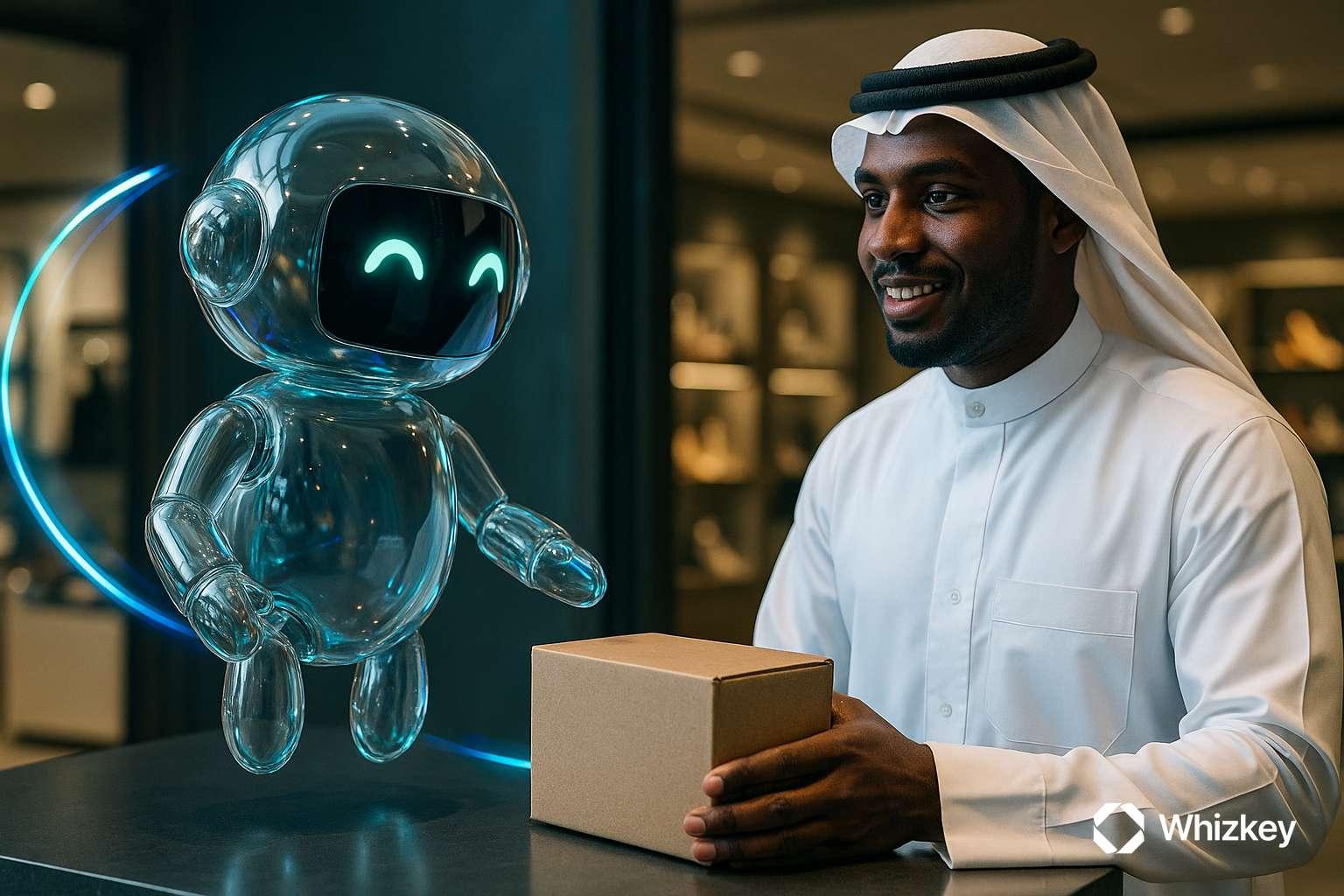 Glass AI chatbot assisting Kuwaiti man in national dress with return package scanning in retail store