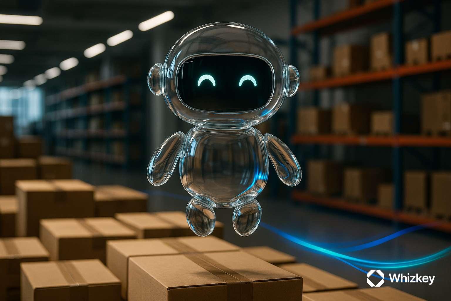 Glass AI chatbot levitating above parcels in Kuwait retail warehouse