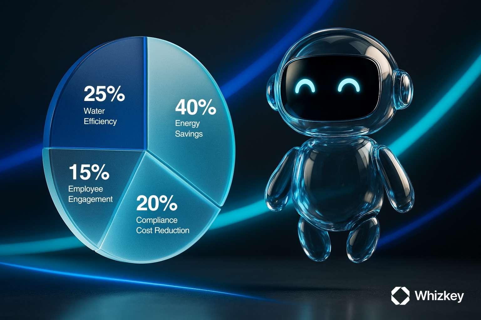 AI chatbot presenting ROI benchmarks for sustainable development: energy savings, water efficiency, compliance reduction, employee engagement