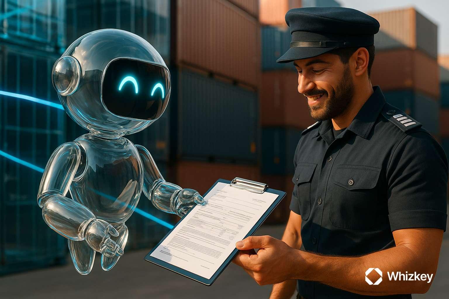 Glass AI chatbot handing real documents on a clipboard to a smiling customs officer in uniform at Kuwait port with shipping containers.