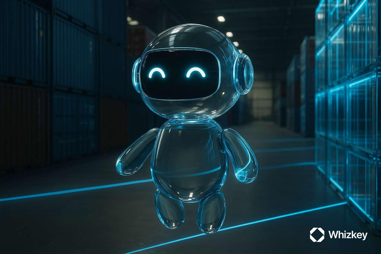 Transparent glass AI chatbot levitating in a warehouse with both real steel containers and glowing glass containers for predictive logistics.