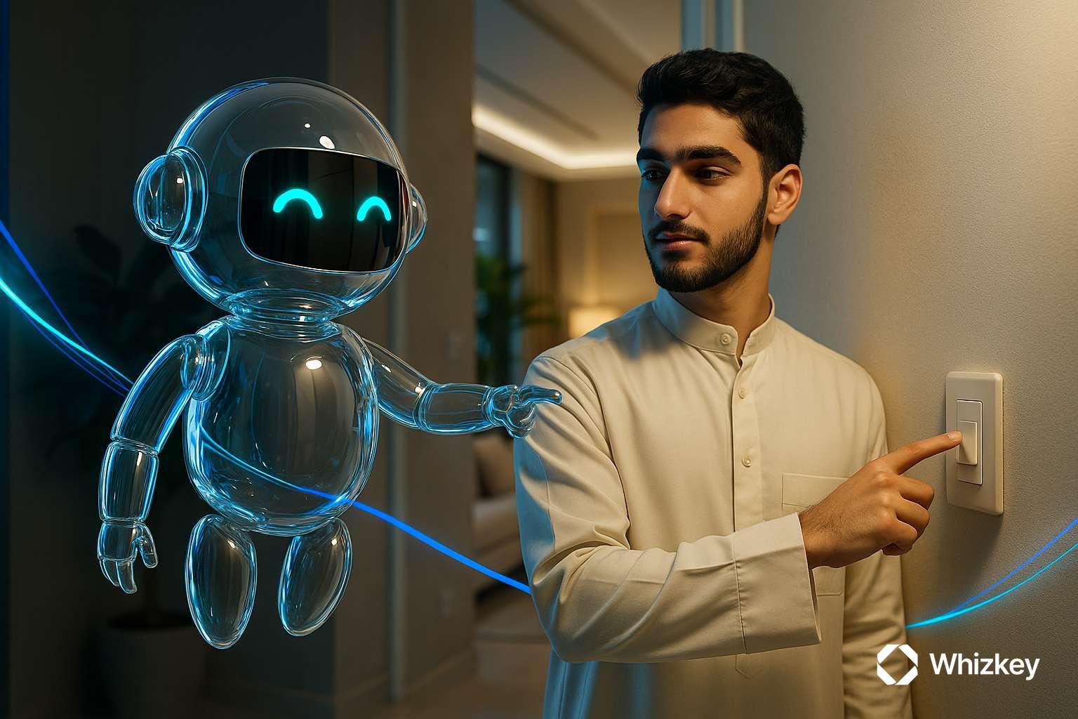 AI chatbot guiding young Kuwaiti man to save energy by switching off a light in villa