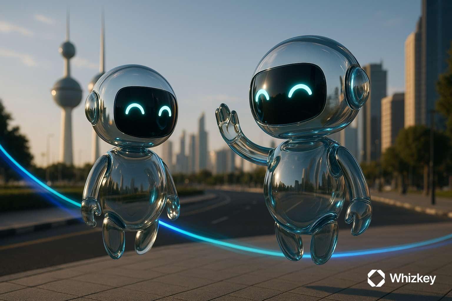 Two AI chatbots greeting each other at Kuwait intersection to symbolize cross-sector collaboration
