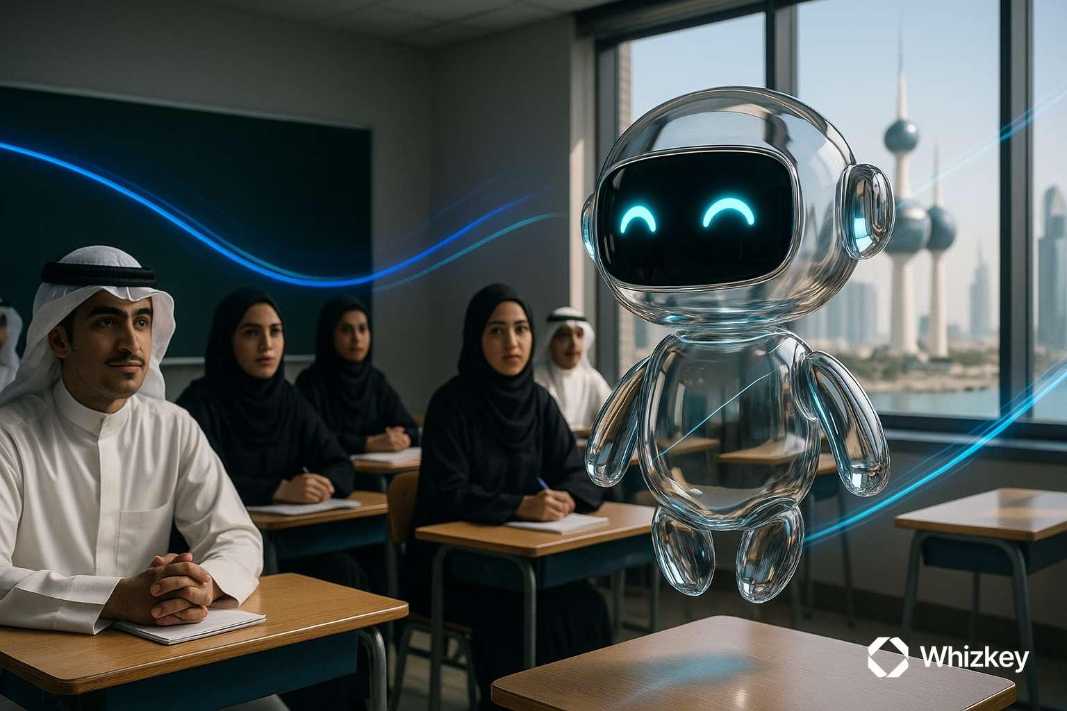 Transparent glass chatbot teaching Kuwaiti students in classroom with skyline view