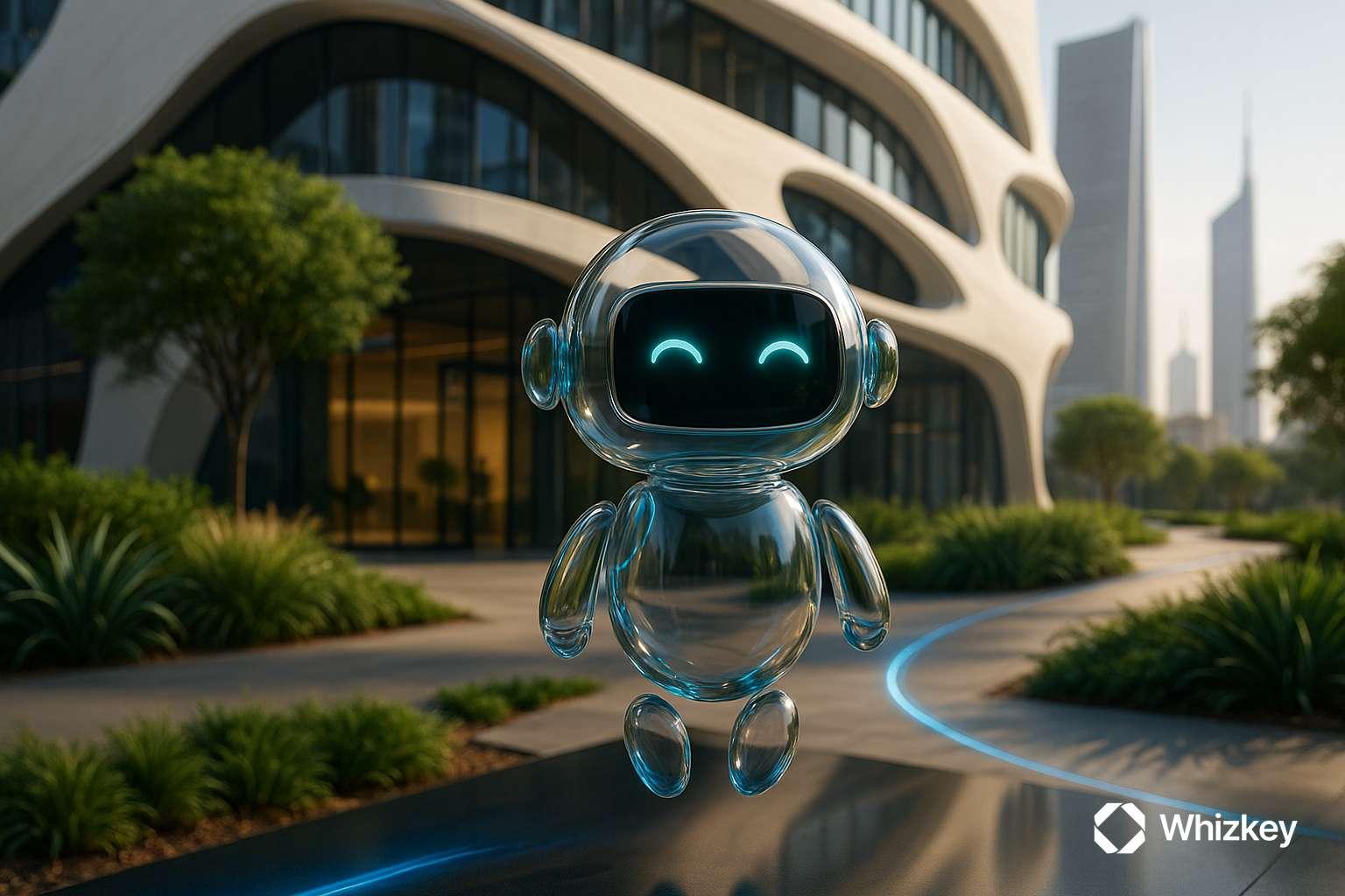 AI chatbot in front of Kuwaiti office promoting sustainable business and net-zero goals