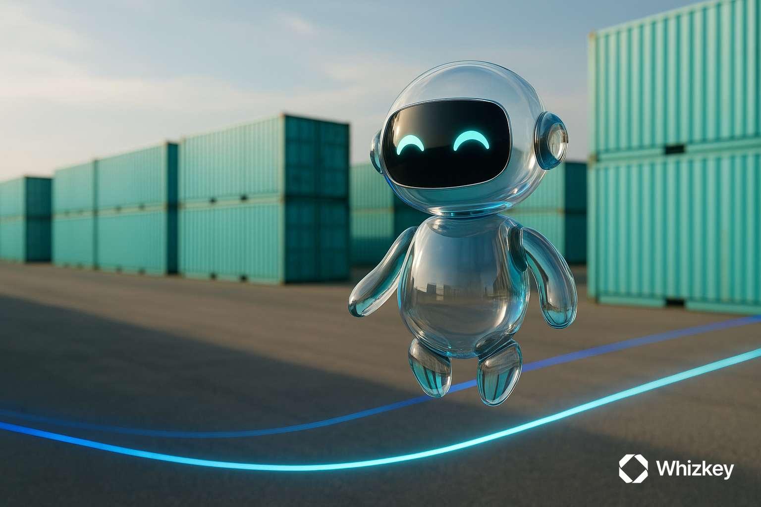 AI chatbot supporting sustainable supply chains at Kuwaiti dockyard with turquoise containers
