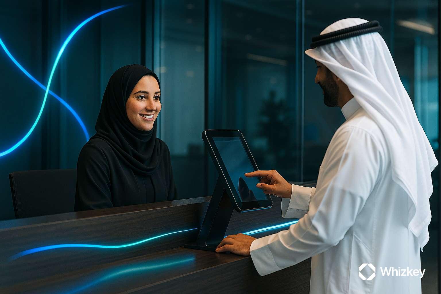 Kuwaiti citizen using AI-powered service kiosk while receptionist assists