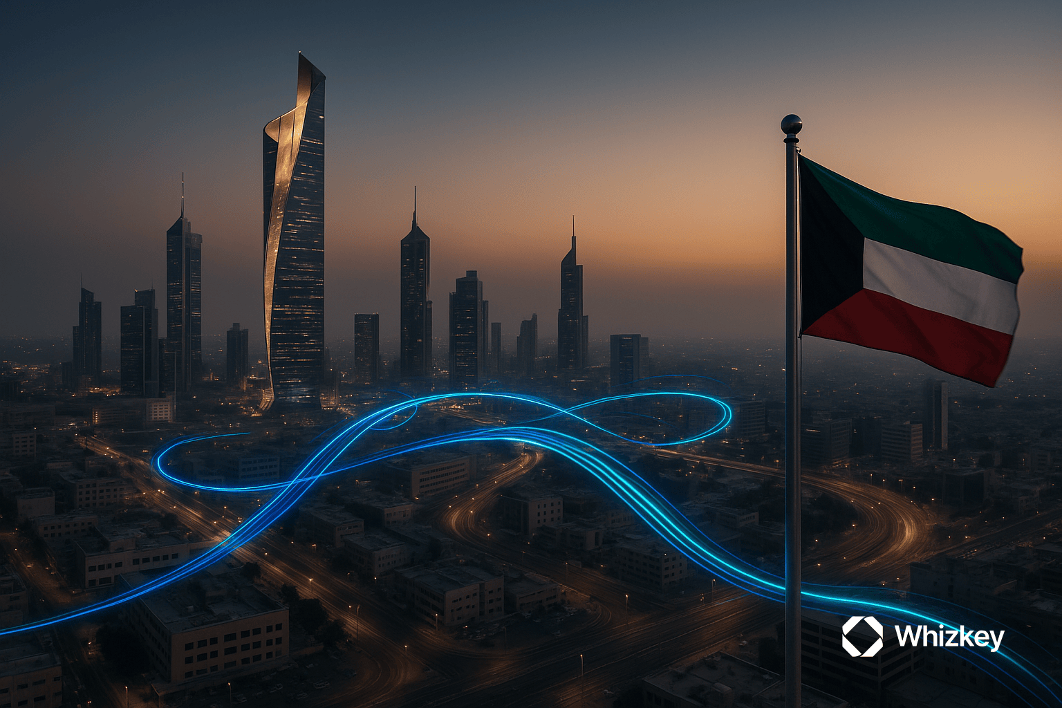 High-resolution Kuwait City skyline at dusk with Kuwaiti flag and subtle AI-inspired blue energy trails symbolizing digital transformation and public good.